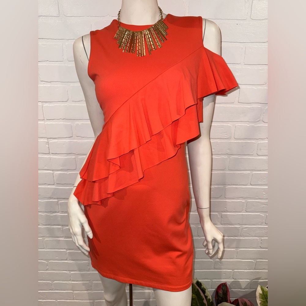 Susana Monaco Vibrant Orange Ruffle One Cold Shoulder Asymmetrical Dress